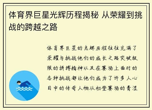 体育界巨星光辉历程揭秘 从荣耀到挑战的跨越之路