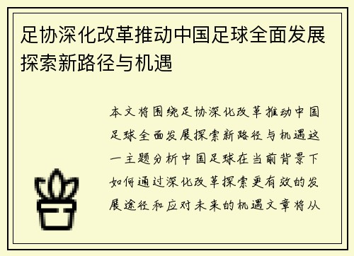 足协深化改革推动中国足球全面发展探索新路径与机遇