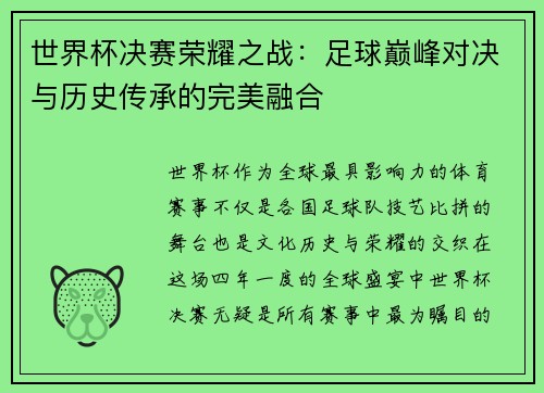 世界杯决赛荣耀之战：足球巅峰对决与历史传承的完美融合
