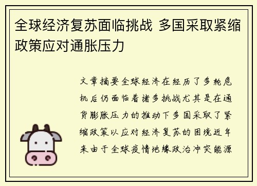 全球经济复苏面临挑战 多国采取紧缩政策应对通胀压力